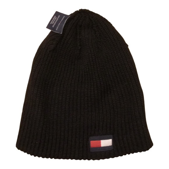 Tommy Hilfiger Unisex Black Knit Cuffed Beanie Hat Logo Acrylic Y2K MSPR $59 - Picture 5 of 9